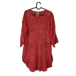 Johnny Was Red Cupra Embroidered Cut Out Tunic Blouse Womens Medium